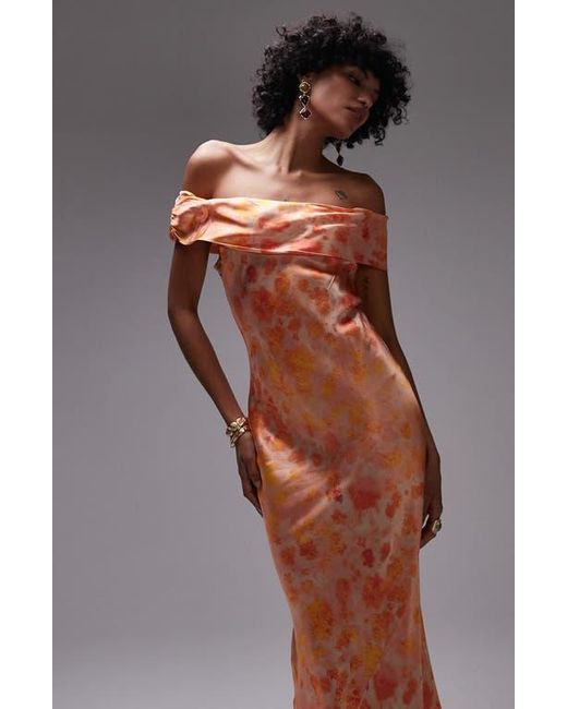 TOPSHOP Gray Abstract Print Off The Shoulder Satin Maxi Dress
