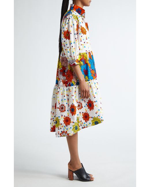 THE OULA COMPANY Multicolor Mixed Print Tiered High-low Shirtdress