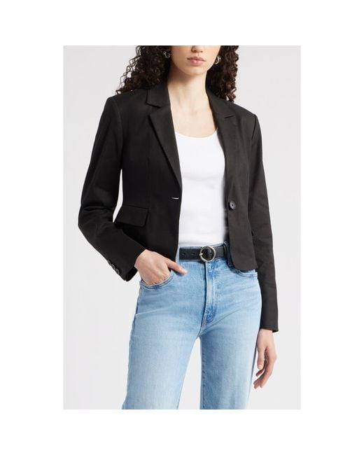 Nordstrom Black Crop One-Button Linen Blend Blazer