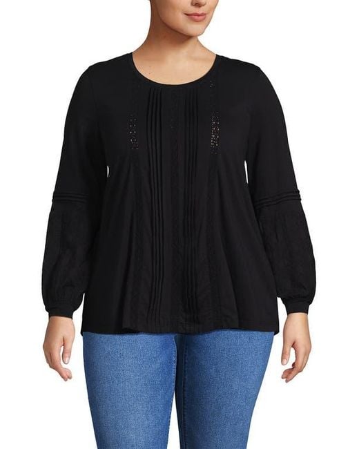Lands' End Black Lightweight Jersey Lace Mix Long Sleeve Pintuck Top