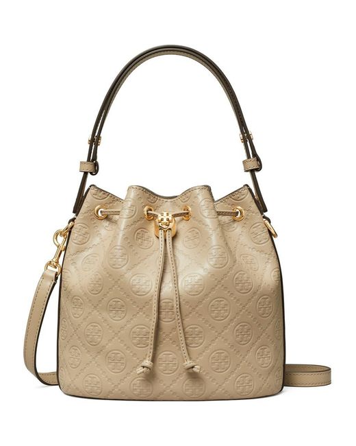 Tory Burch Natural T Monogram Debossed Bucket Bag
