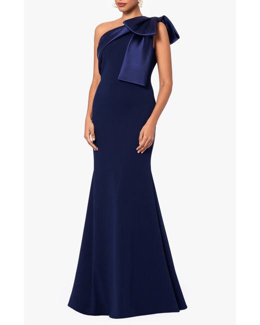 Betsy & Adam Blue Bow One-shoulder Crepe Mermaid Gown