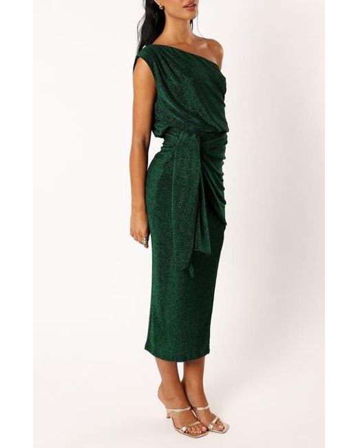 Petal & Pup Green Santiago Metallic Side Tie One-Shoulder Midi Dress