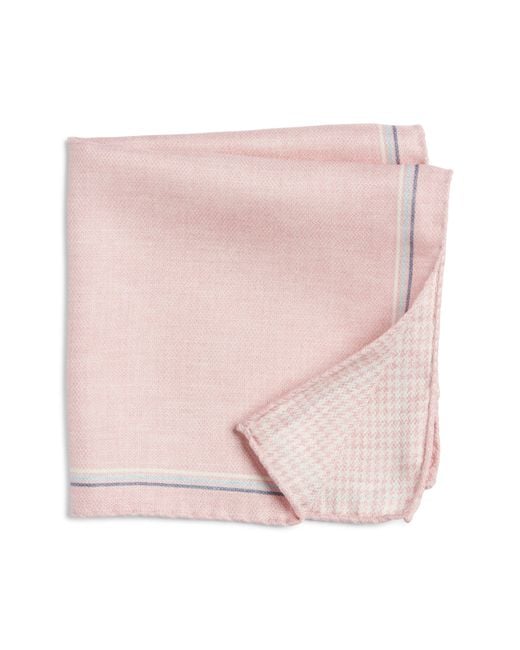 Jack Victor Pink Crestwool Solid & Houndstooth Check Reversible Silk Pocket Square for men