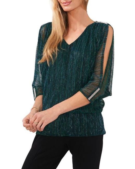 Chaus Green Metallic Split Sleeve Blouse