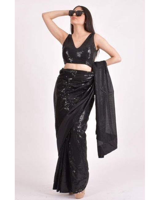 Ras Blue Sequins Pre-Draped Saree