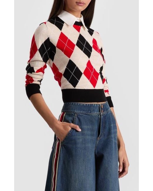 Alice + Olivia Blue Carol Ann Wool Blend Argyle Sweater With Removable Collar