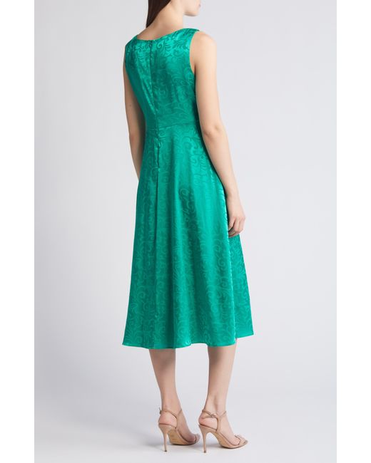 Connected Apparel Green Sleeveless Satin Jacquard Midi Dress