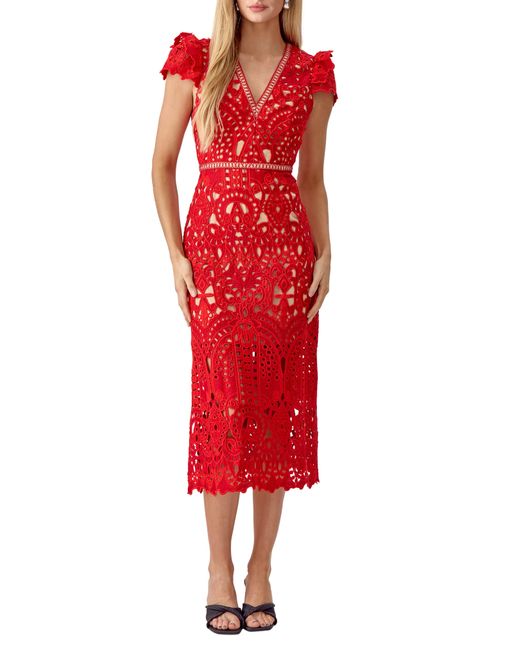 Adelyn Rae Red Lace Midi Dress