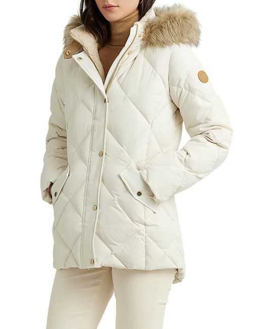 Lauren by Ralph Lauren Natural Diamond Faux Fur Trim Quilted Down & Feather Fill Hooded Puffer Coat