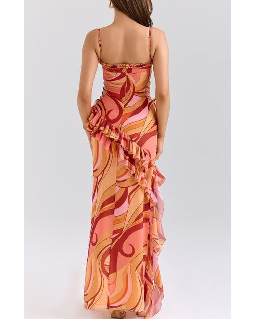 House Of Cb Orange Lumira Print Ruffle Gown