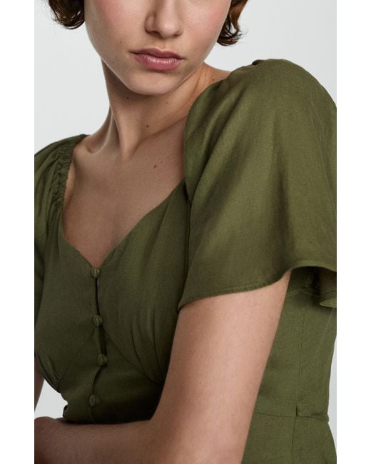 Mango Green Flutter Sleeve Linen Blend Midi Dress