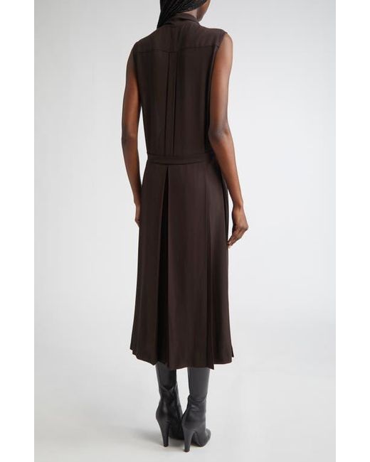 Michael Kors Brown Pleated Tie Neck Sleeveless Silk Shirtdress
