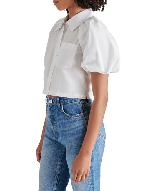 Steve Madden Blue Reece Puff Sleeve Crop Poplin Shirt