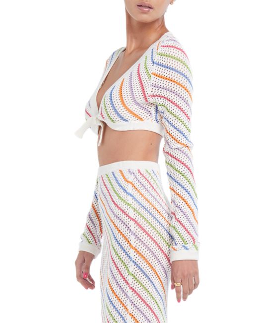 CAPITTANA White Bruna Stripe Crochet Crop Cover-up Sweater