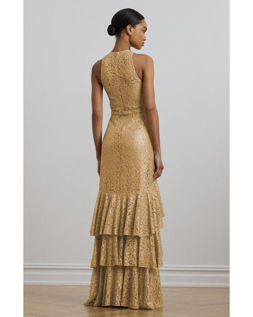 Ralph Lauren Women's Natural Metallic Belted Tiered Lace Gown