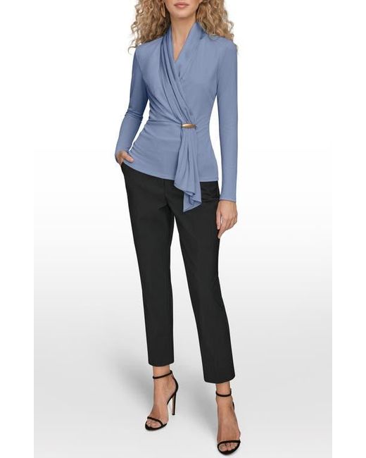 Donna Karan Blue Wrap Front Long Sleeve Top