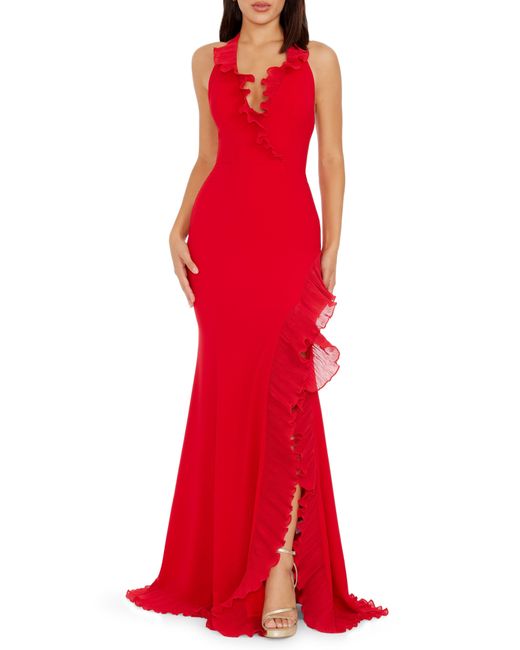 Dress the Population Red Kathleen Ruffle Halter Gown With Train