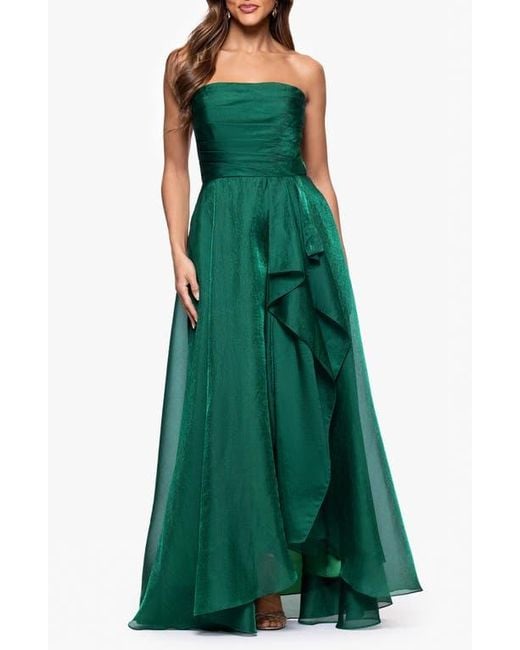Xscape Evenings Women's Green Strapless Ruffle Detail Metallic Organza Gown  - www.disolcolor.com