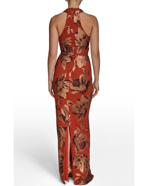 Donna Karan Orange Sequin Floral Body-Con Gown