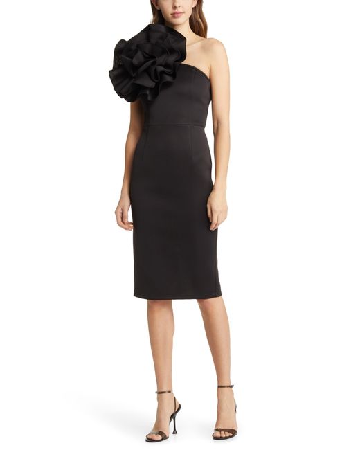 NIKKI LUND Black Marlena Rosette One-shoulder Dress