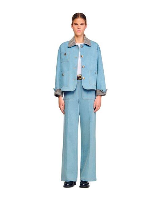 Sandro Blue Plaid Collar Denim Jacket
