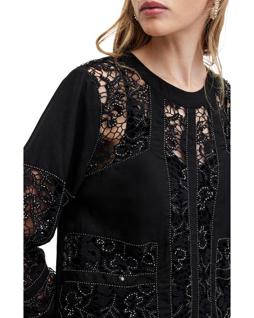 AllSaints Black Noush Beaded Lace Trim Long Sleeve Linen Blend Minidress