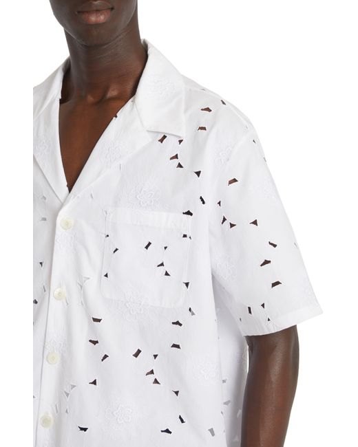 Valentino White Eyelet Embroidered Short Sleeve Button-up Shirt for men