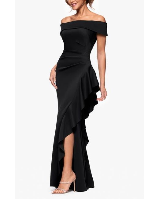 Xscape Evenings Black Ruffle Off The Shoulder Scuba Knit Gown