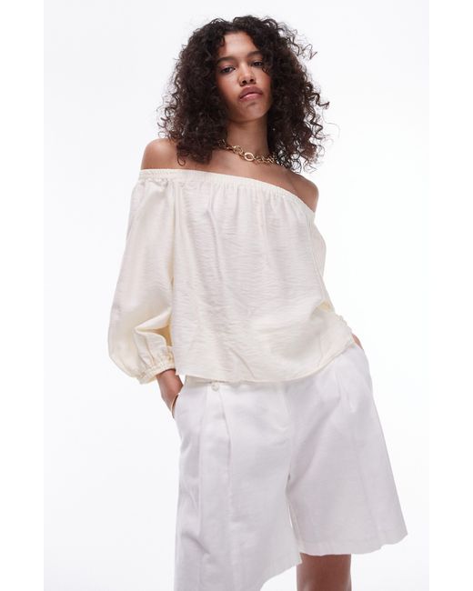 TOPSHOP White Off The Shoulder Balloon Sleeve Top