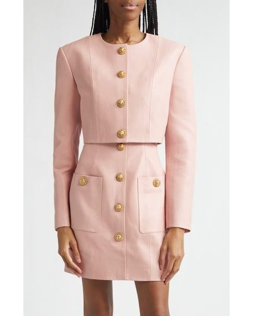 Balmain Pink Crop Lambskin Jacket