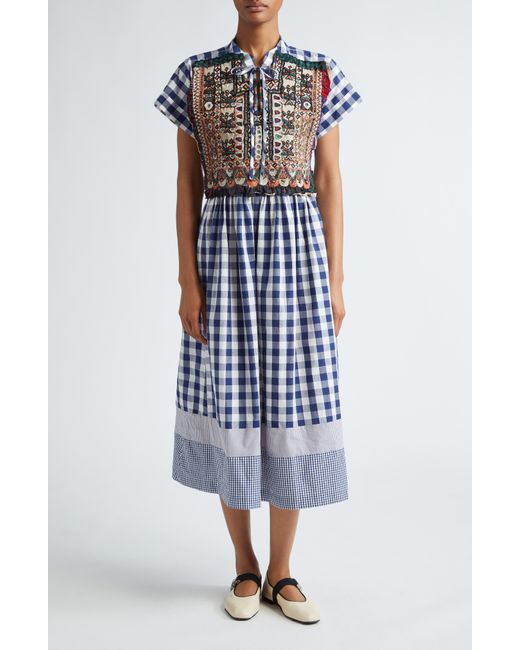 Tao Comme Des Garçons White Gingham Cotton Midi Dress With Hand Embroidered Overlay