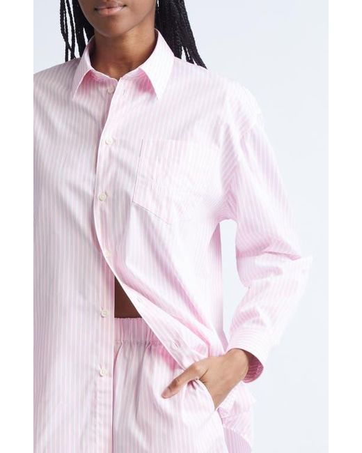 Sporty & Rich Pink Eden Script Stripe Cotton Button-Up Shirt