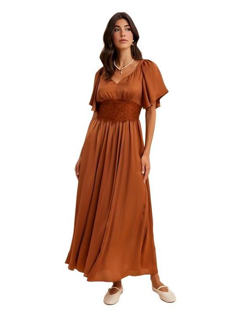 Knit Lounge Women's Brown Lace Waist Flutter Sleeve Maxi Dress