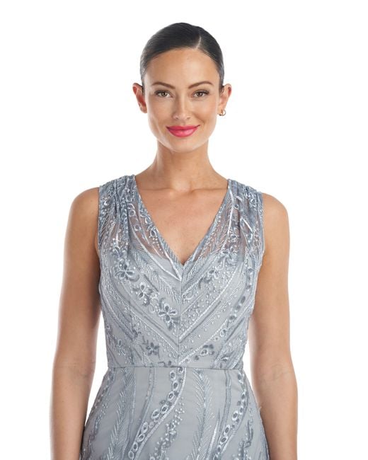 JS Collections Metallic Rosalynn Embroidered Floral V-neck Column Gown