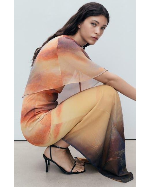 Mango Orange Abstract Print Cape Detail Gown