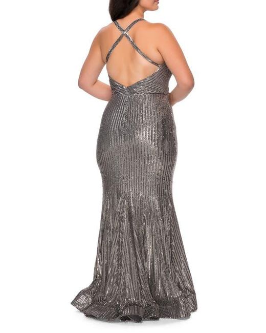 La Femme Brown Sequin Plus Size Dress With Criss Cross Back