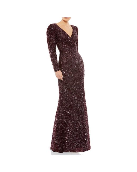 Mac Duggal Purple Puff Shoulder Sequined Surplice Gown