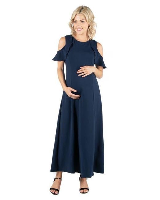 24seven Comfort Apparel Blue Maternity Ruffle Cold Shoulder A-Line Maxi Dress