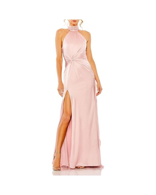 Mac Duggal Pink Open Back High Neck Side Ruched Gown