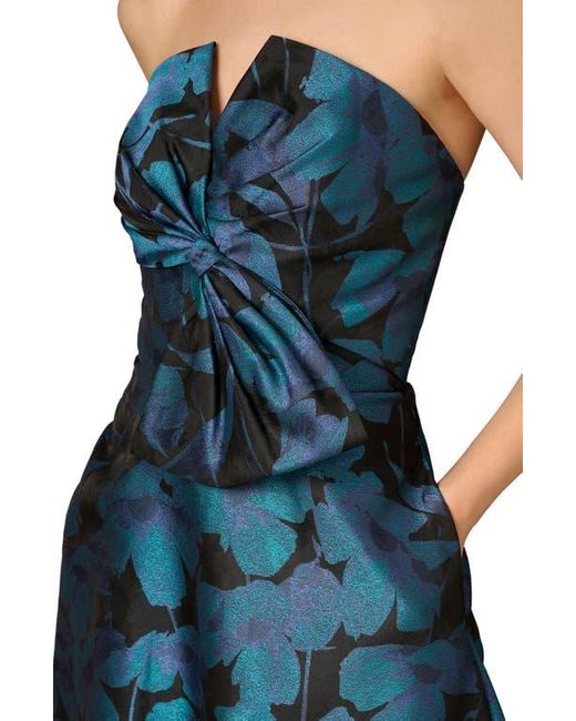 Aidan Mattox by Adrianna Papell Blue Floral Jacquard Strapless Midi Cocktail Dress