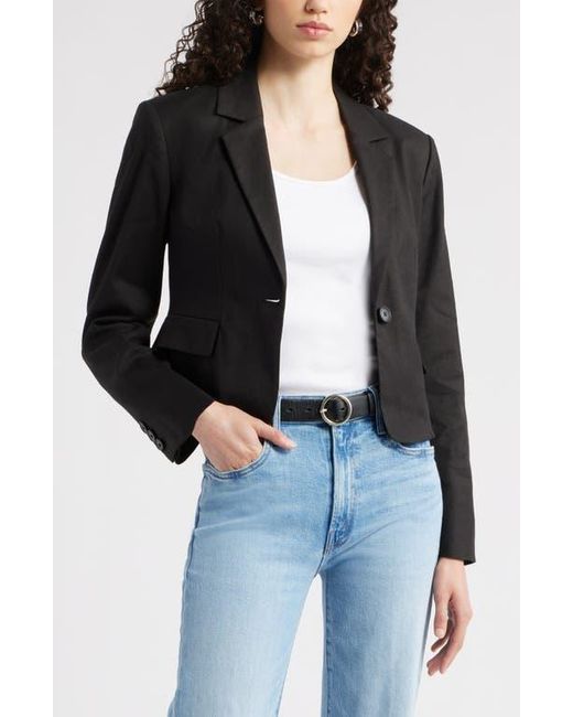 Nordstrom Black Crop One-Button Linen Blend Blazer