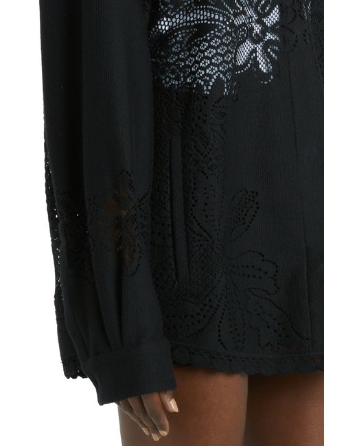 Valentino Garavani Black Floral Pointelle Long Sleeve Cotton Blend Shirt