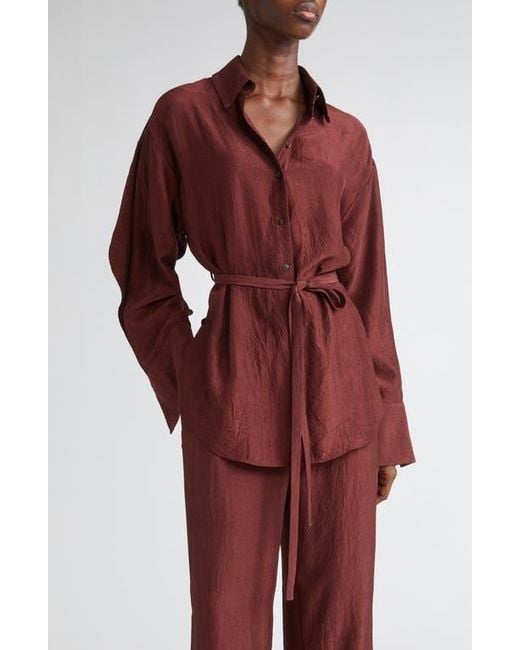 Jason Wu Red Oversize Belted Crinkled Satin Button-Up Top