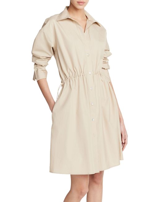 Vince Natural Drawcord Ruched Long Sleeve Cotton Shirtdress