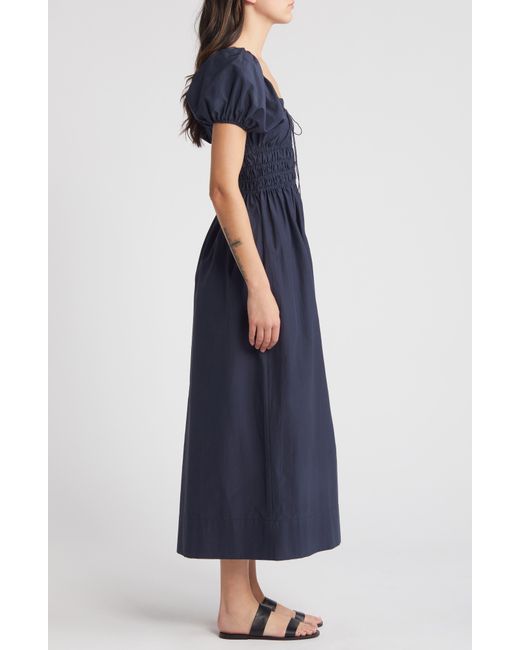 Faithfull The Brand Blue Seine Puff Sleeve Silk & Cotton Dress