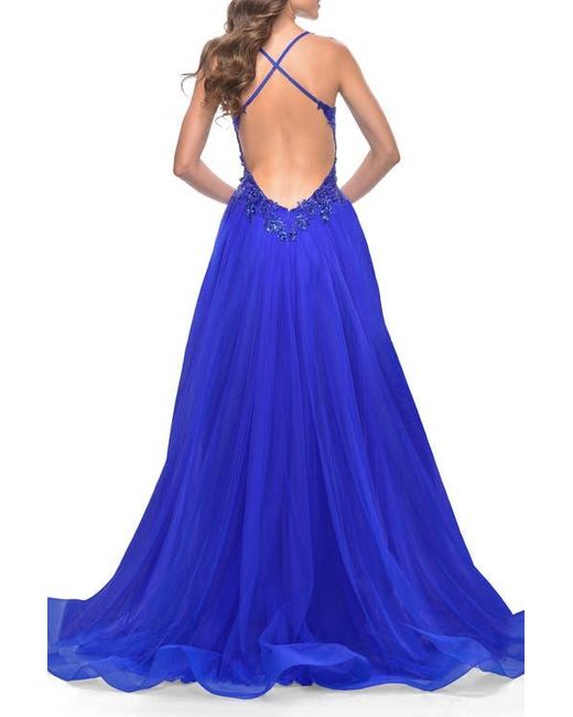 La Femme Blue Tulle A-Line Gown With Sheer And Beaded Lace Detail