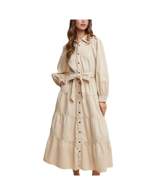 Knit & Lounge Natural Tiered Belted Bishop Sleeve Maxi Shirt Dress