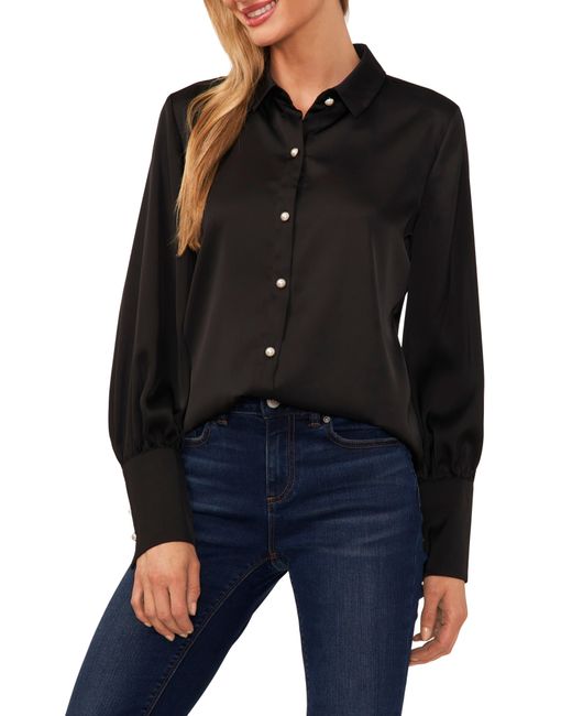 Cece Black Satin Button-Up Shirt