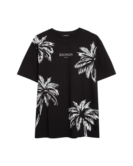 Balmain Black Palm Print Cotton Graphic T-shirt for men